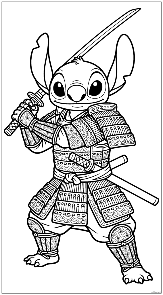Stitch als een samurai-krijger met ingewikkeld pantser en traditionele patronen