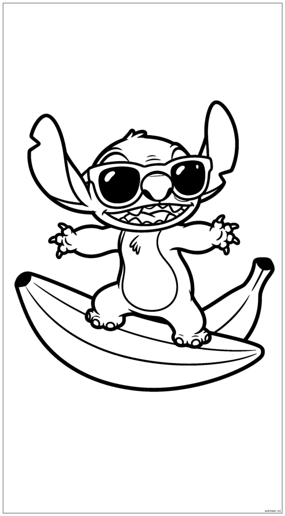 Stitch draagt een oversized zonnebril en probeert te surfen op een banaan