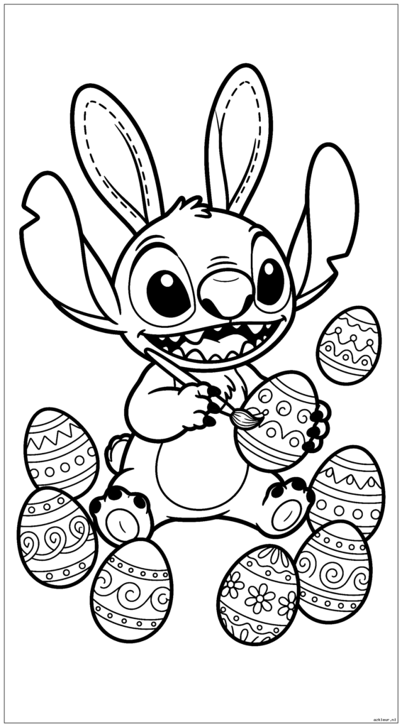 Stitch heeft paasplezier met het schilderen van eieren en het dragen van konijnenoren