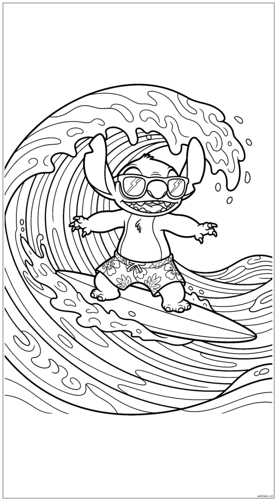 Stitch surfen op een golf met een zonnebril en een Hawaiiaanse korte broek