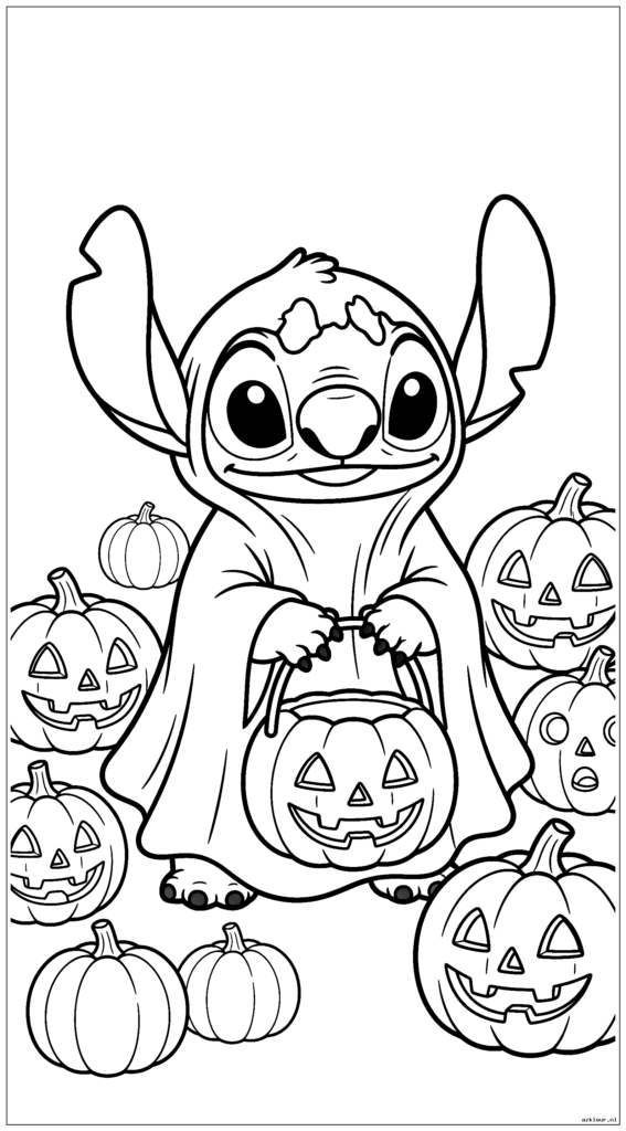 Stitch tijdens Halloween trick-or-treating in een spookkostuum met pompoenen