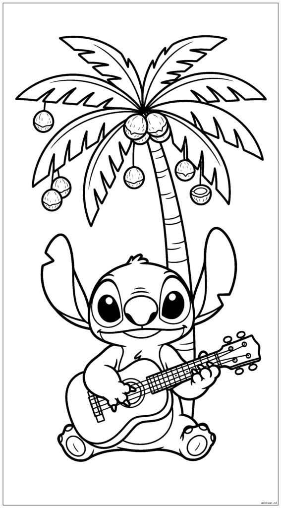 Stitch ukelele spelen onder een palmboom met kokosnoten