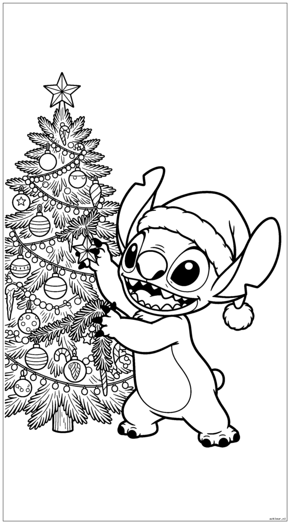 Stitch viert Kerstmis met een kerstmuts en versiert een gedetailleerde boom