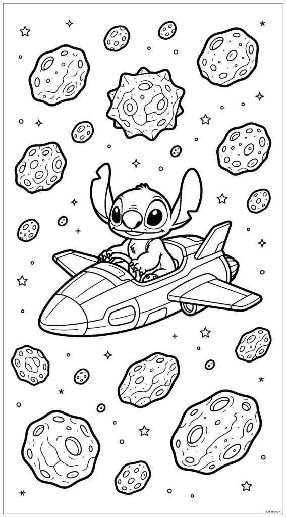 Stitch vliegt een ruimteschip door een asteroïdeveld met eenvoudige sterren