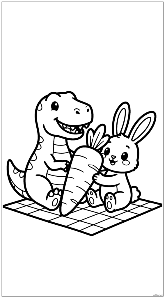 T-Rex en konijn delen een gigantische wortel terwijl ze op een picknickkleed zitten