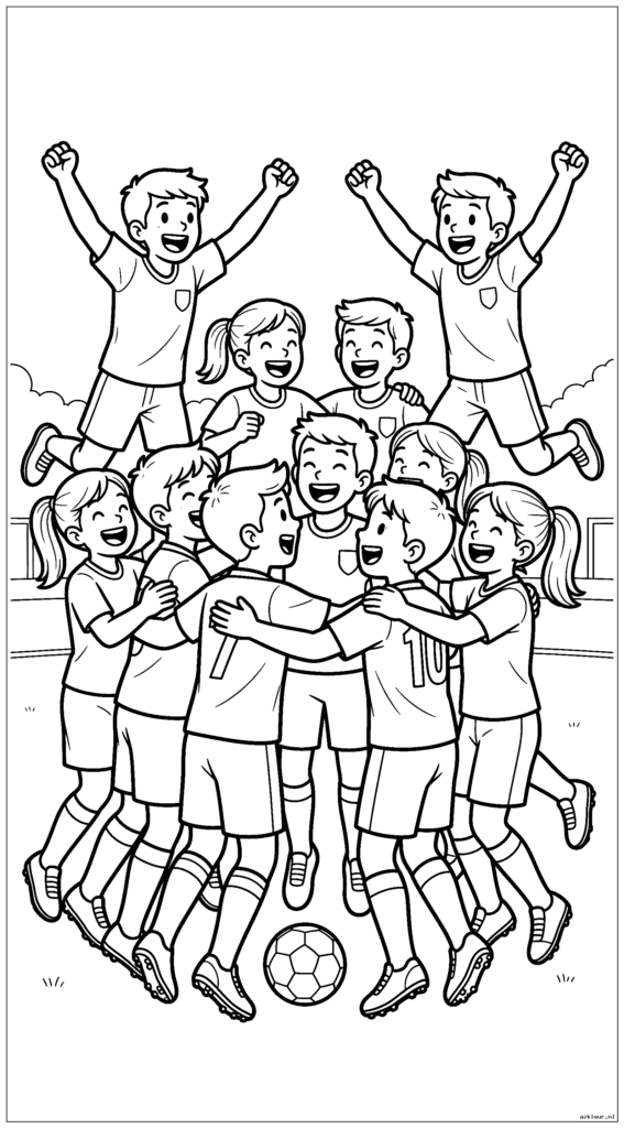 Teamviering na het scoren van een doelpunt met knuffelende en springende spelers