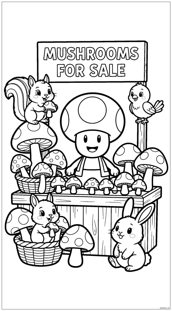 Toad bij een kleine kraam waar paddenstoelen worden verkocht