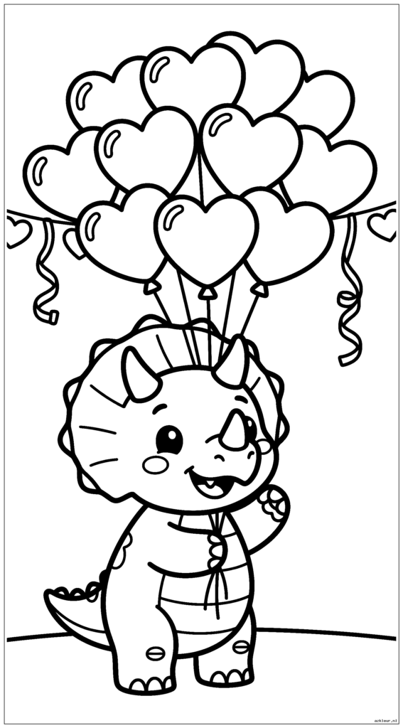 Triceratops houdt een stel hartvormige ballonnen vast tijdens een Valentijnsfeestje