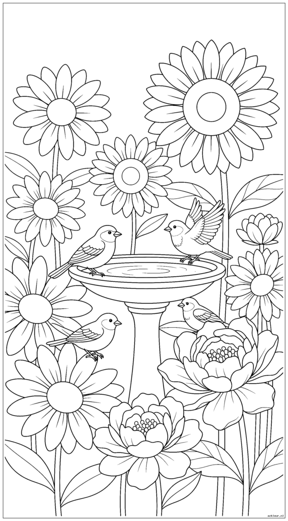 Tuinbloemen met een vogelbad en bezoekende zangvogels