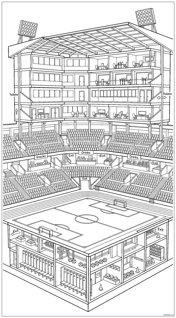 Uitgebreide stadiondwarsdoorsnede met meerdere niveaus en faciliteiten