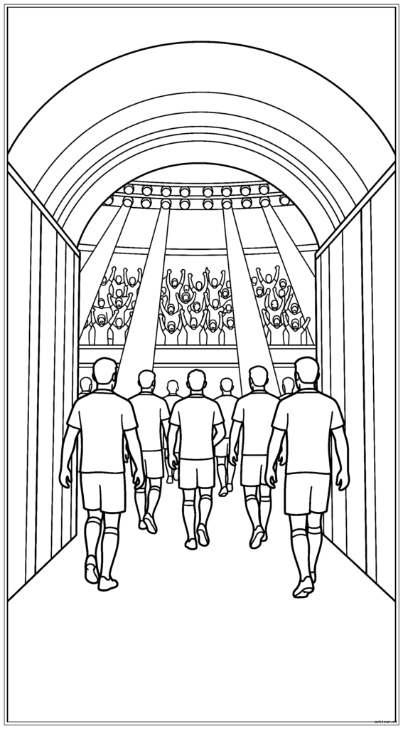 Uitzicht op de stadiontunnel met spelers die het veld op lopen