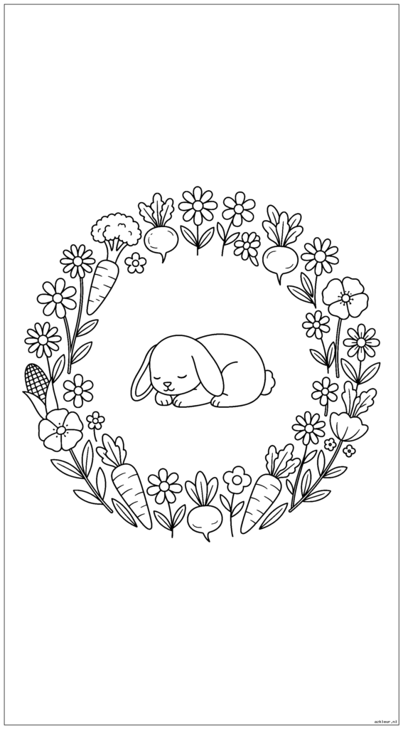 Veldbloemen vormen een cirkel rond een slapend konijntje