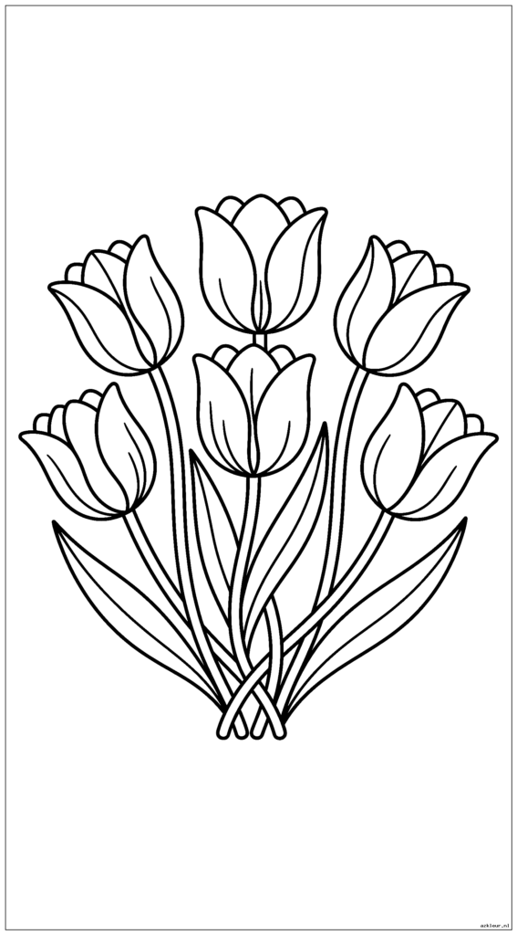 Vijf tulpen gerangschikt in een cirkelvormig patroon met hun stengels in elkaar verweven