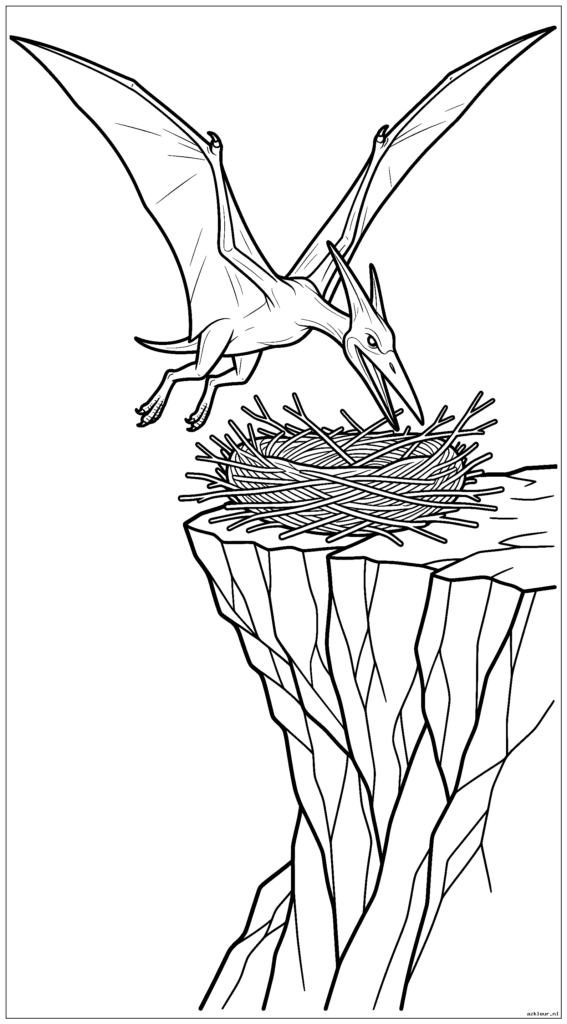 Vliegende dinosaurus die een nest bouwt op een hoge klifrand