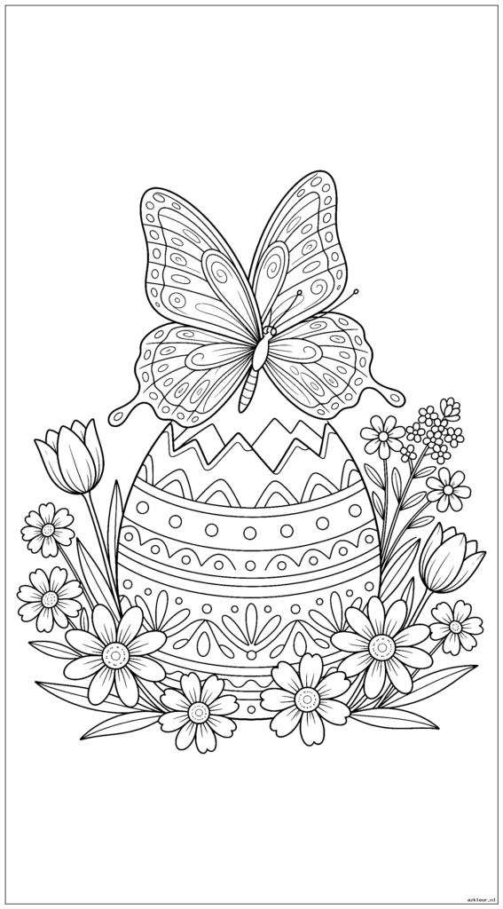 Vlinder komt uit een versierd paasei met bloemen eromheen
