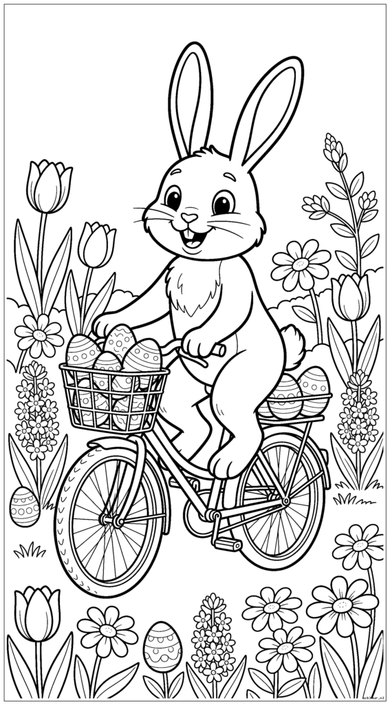 Vrolijke paashaas die eieren levert in een bloementuin terwijl hij fietst
