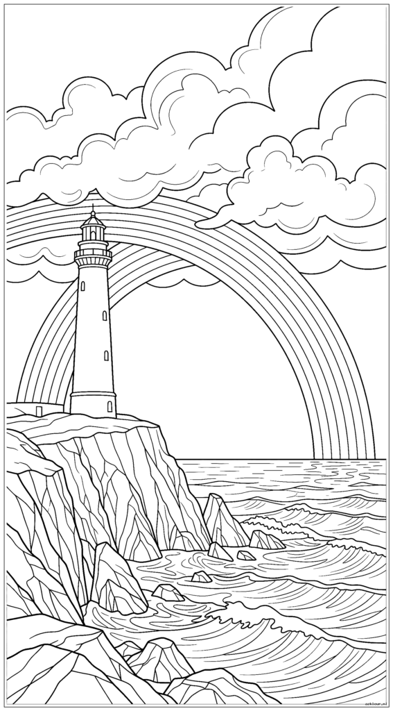 Vuurtoren op kliffen aan de kust met onweerswolken die uiteengaan en een regenboog boven de oceaan onthullen