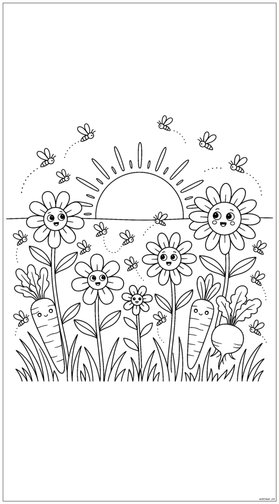 Weidebloemen kijken naar de zonsondergang terwijl vuurvliegjes om hen heen dansen