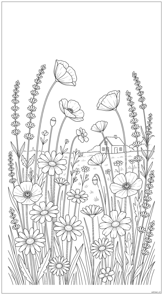 Weidebloemen zwaaien in de wind met een klein huisje in de verte