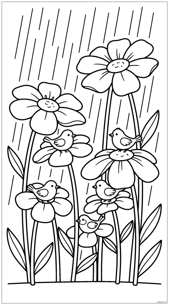 Wilde bloemen die kleine vogels onder hun bloemblaadjes tegen de regen beschermen