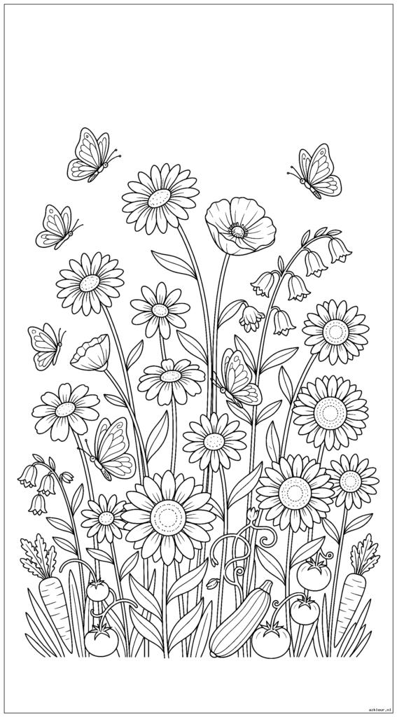 Wilde bloemen zwaaien in de wind terwijl vlinders verstoppertje om hen heen spelen