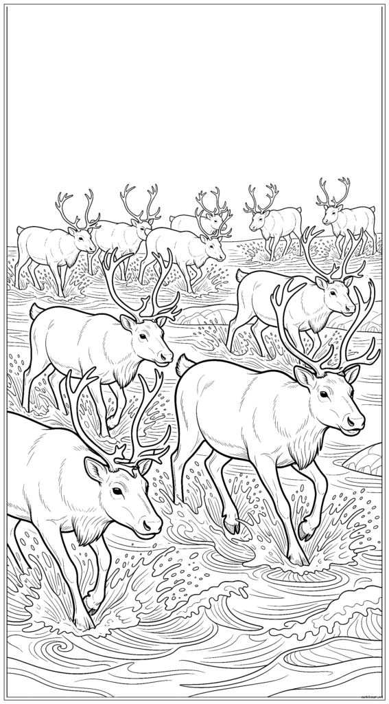 Wilde rendieren steken tijdens de migratie een stromende rivier over