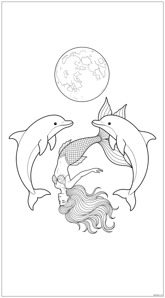 Zeemeermin doet een sierlijke achterwaartse salto naast twee springende dolfijnen bij volle maan