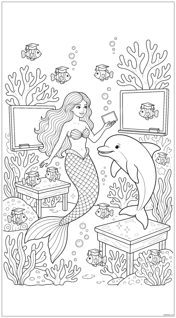 Zeemeermin en dolfijn die naar een onderwaterfeeënschool gaan met vissen die afstudeerpetten dragen