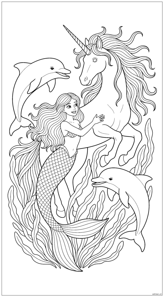 Zeemeermin en dolfijn ontmoeten een majestueuze onderwatereenhoorn met golvende zeewiermanen