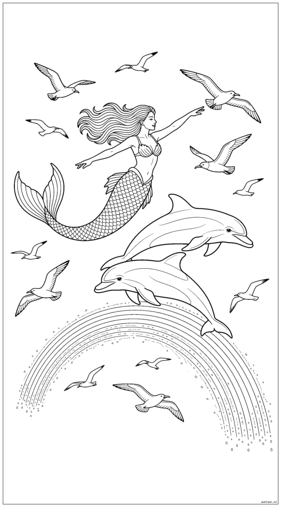 Zeemeermin en dolfijn springen over een regenboog gemaakt van waternevel terwijl zeevogels om hen heen vliegen