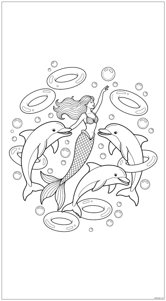 Zeemeermin en drie dolfijnen maken gesynchroniseerde sprongen door zwevende bellenringen