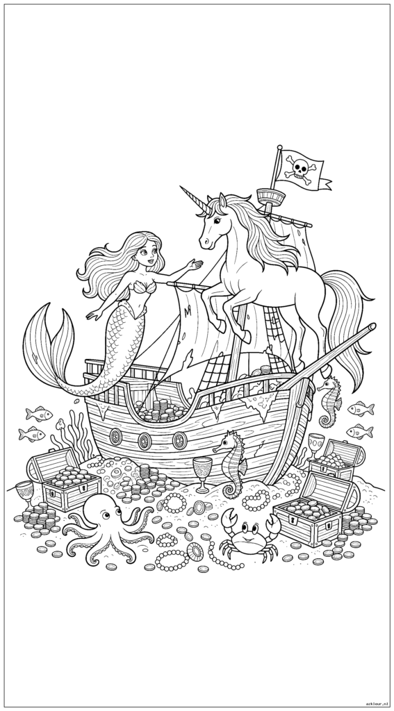 Zeemeermin en eenhoorn ontdekken een gezonken piratenschip omringd door schatten en zeedieren