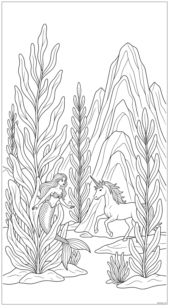 Zeemeermin en eenhoorn spelen verstoppertje tussen gigantisch zeewier en onderwaterbergen