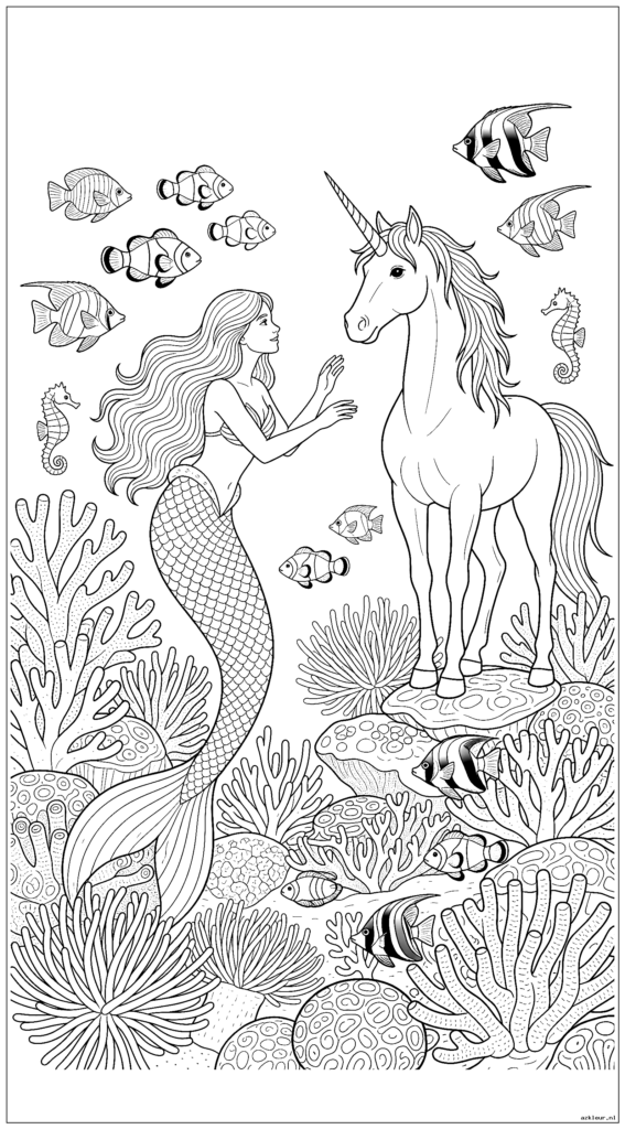 Zeemeermin en eenhoorn verkennen een koraalriftuin waar tropische vissen om hen heen zwemmen