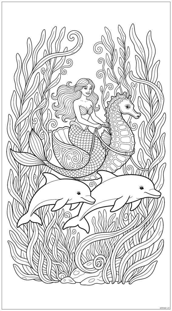 Zeemeermin rijdt op een zeepaardrijtuig getrokken door dolfijnen door een magisch kelpbos