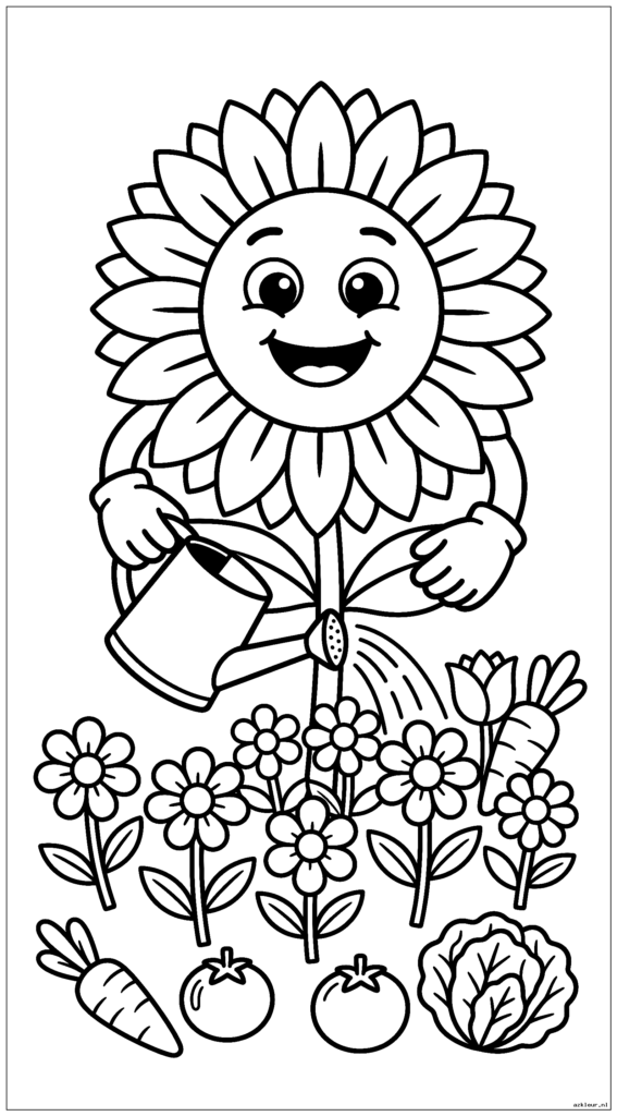 Zonnebloem draagt tuinhandschoenen en geeft kleinere bloemen water met een gieter