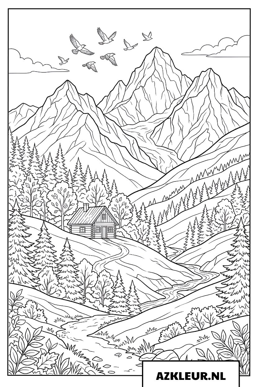 Berglandschap met hut in de herfst kleurplaat