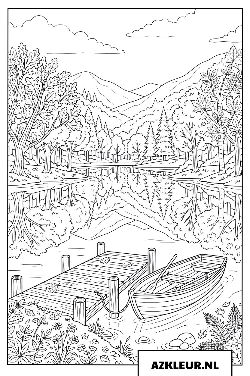 Bergmeer met steiger en boot kleurplaat