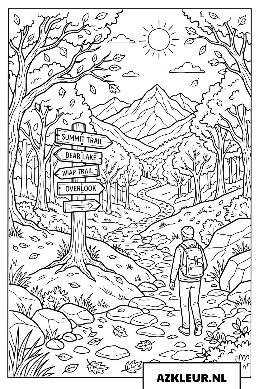 Bergpad met wegwijzer in de herfst kleurplaat
