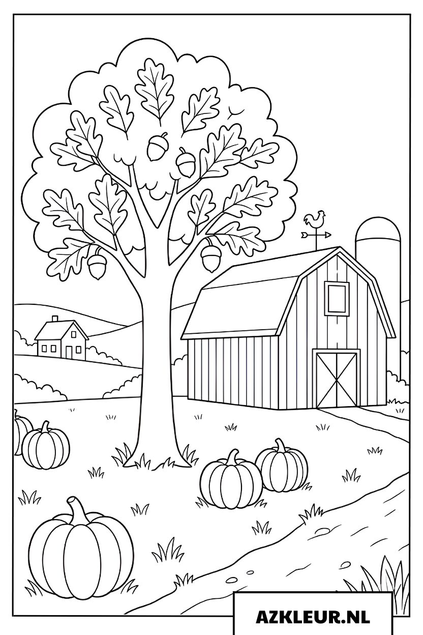 Boerderij met schuur en pompoenen kleurplaat