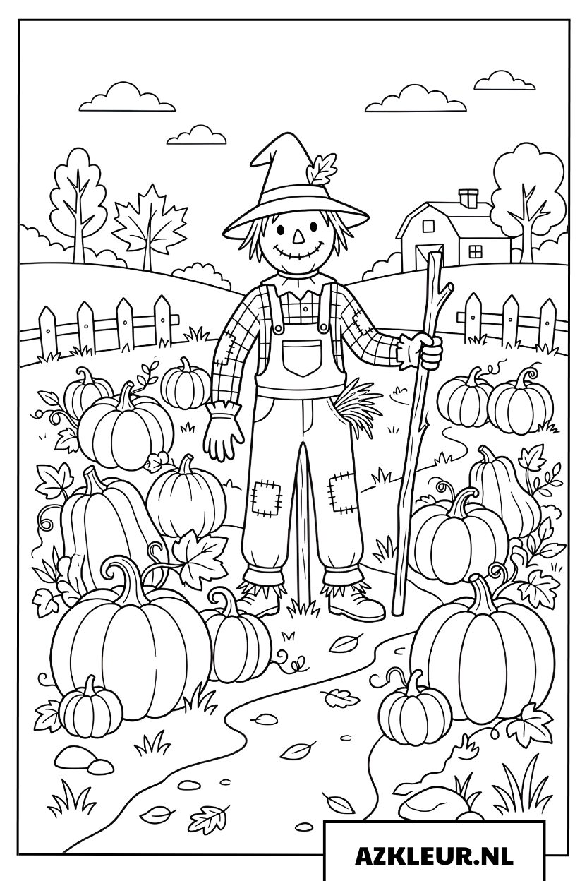 Boerderij met vogelverschrikker kleurplaat