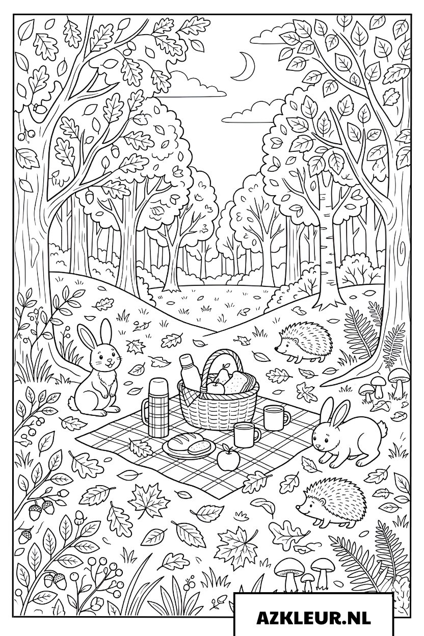 Bos picknick met bosdieren kleurplaat