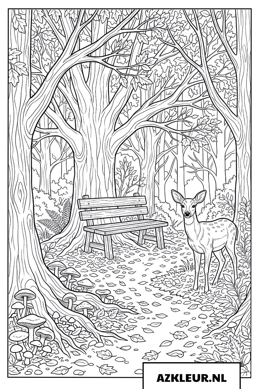 Bosbank met hert en paddenstoelen kleurplaat