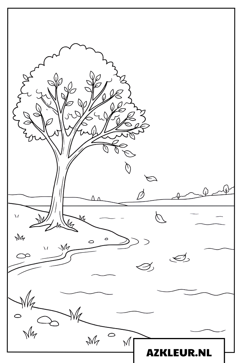 Herfst kleurplaat met vallende bladeren bij het meer