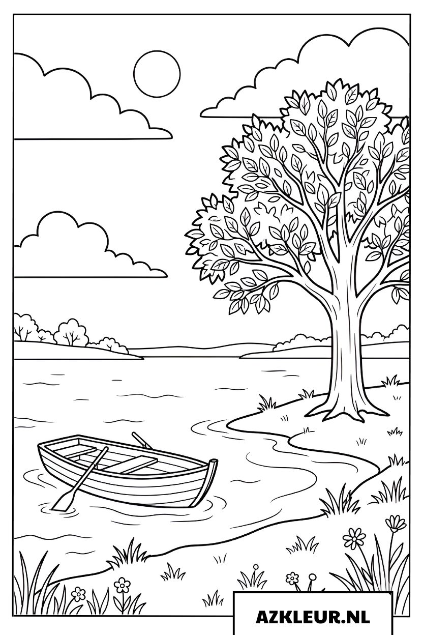 Herfst kleurplaat van een meer met een boot