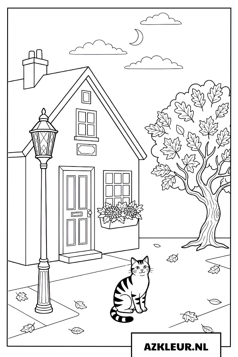 Herfst straat met lantaarns en kat kleurplaat