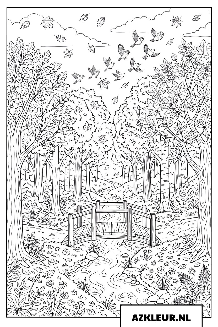 Herfstbos brug over beek kleurplaat