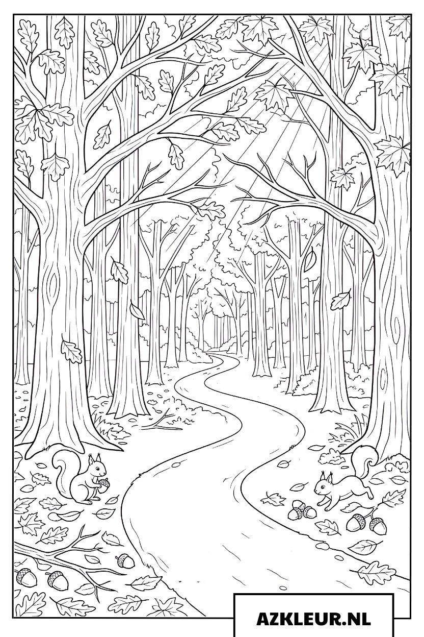 Herfstbos pad met vallende bladeren kleurplaat