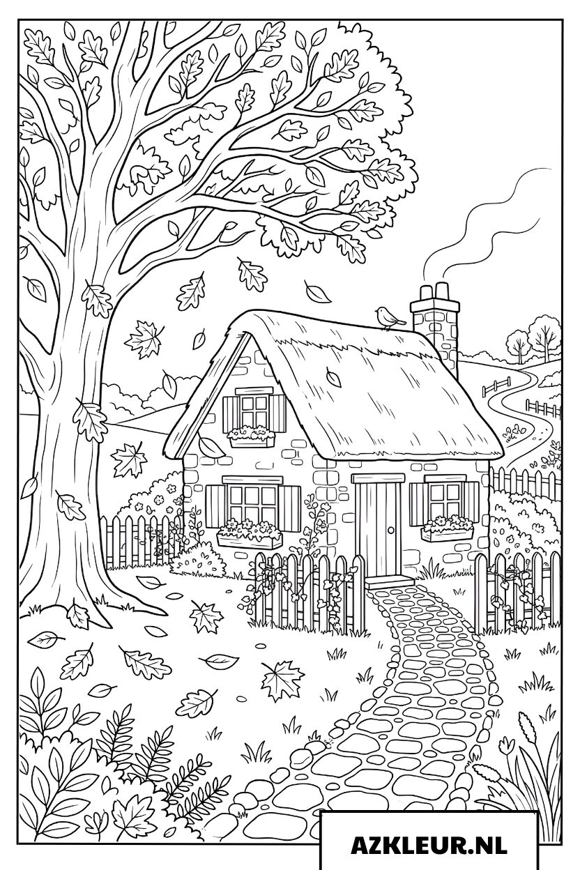 Herfstdorp straat met vallende bladeren kleurplaat