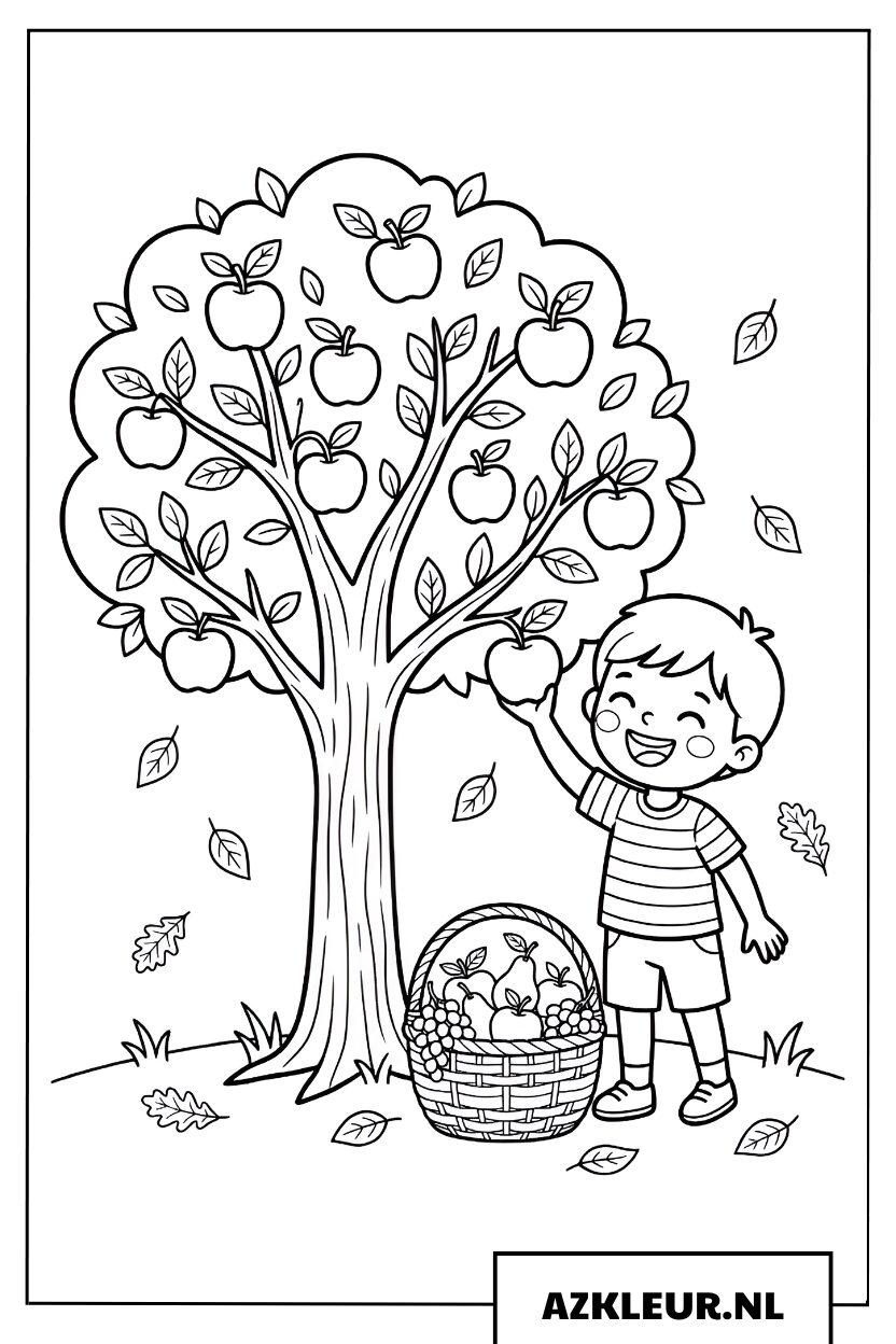 Kleurplaat Appels Plukken in de Boomgaard